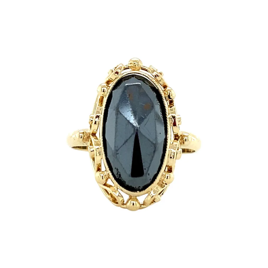 Gold ring with hematite 14 krt>Vintage Jewellery New