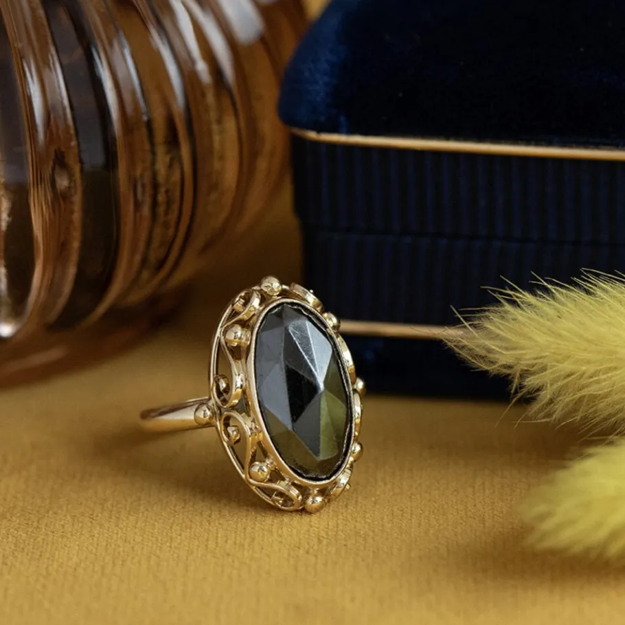 Gold ring with hematite 14 krt>Vintage Jewellery New