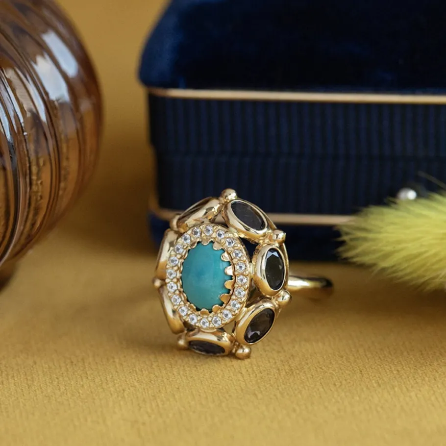 Gold ring with iolite, turquoise and sapphire 18 krt>Vintage Jewellery Best