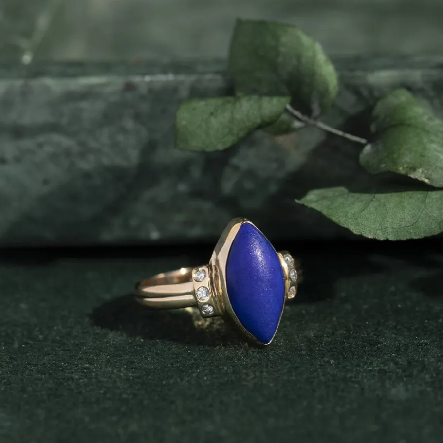 Gold ring with lapis lazuli and diamonds 14 krt>Vintage Jewellery Fashion
