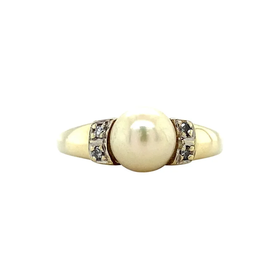 Gold ring with pearl and diamonds 14 krt>Vintage Jewellery Hot
