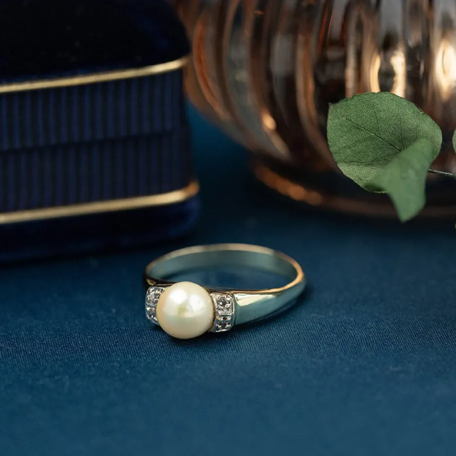 Gold ring with pearl and diamonds 14 krt>Vintage Jewellery Hot