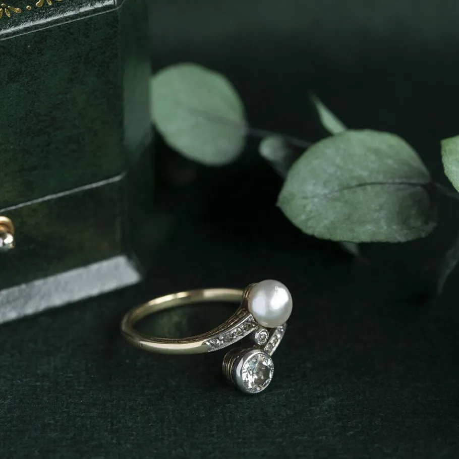 Gold ring with pearl and diamond 18 krt>Vintage Jewellery Online