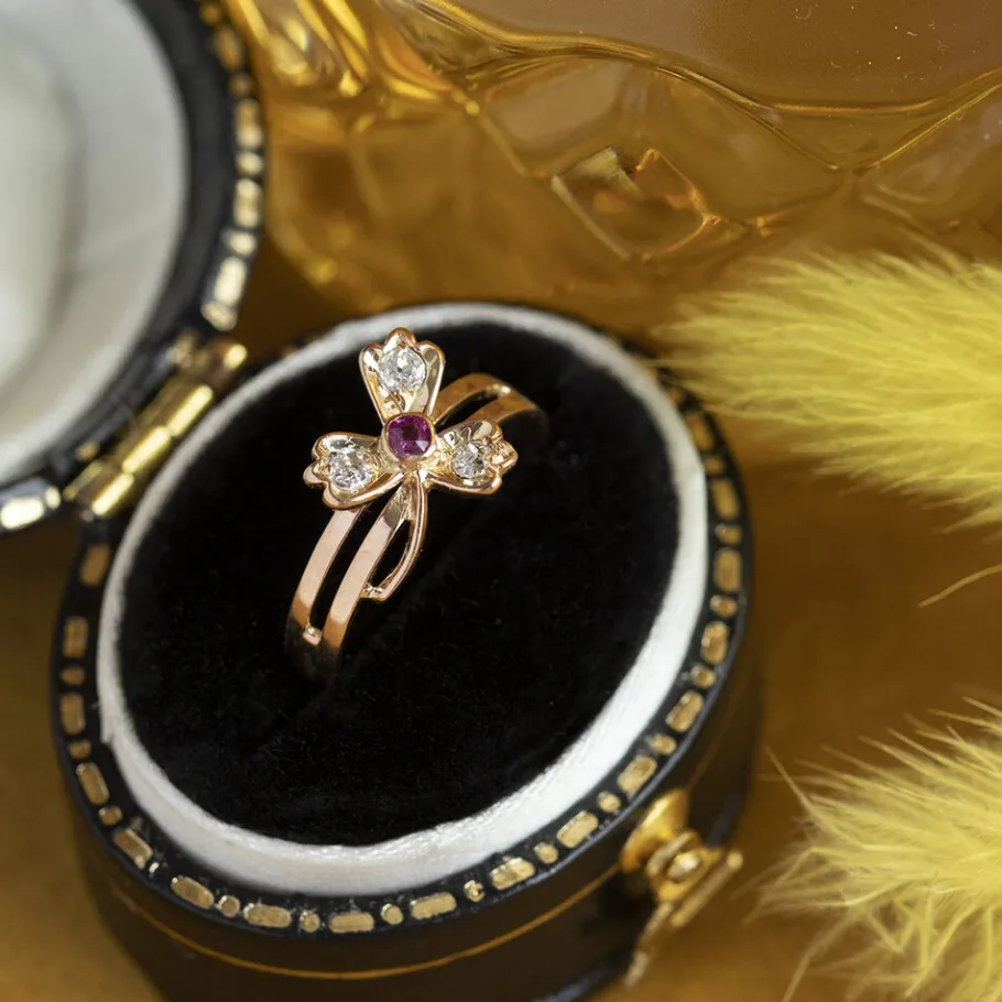 Gold ring with ruby and diamond 14 krt>Vintage Jewellery Hot