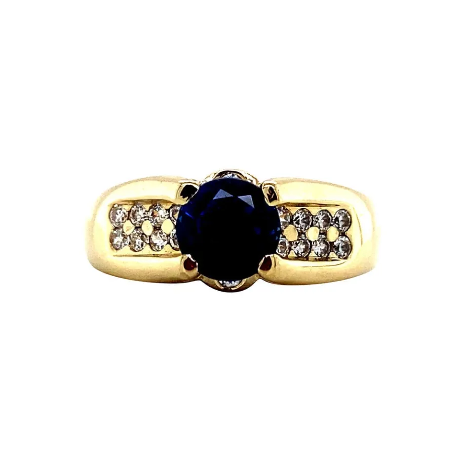 Gold ring with sapphire and zirconia 14 krt>Vintage Jewellery Clearance