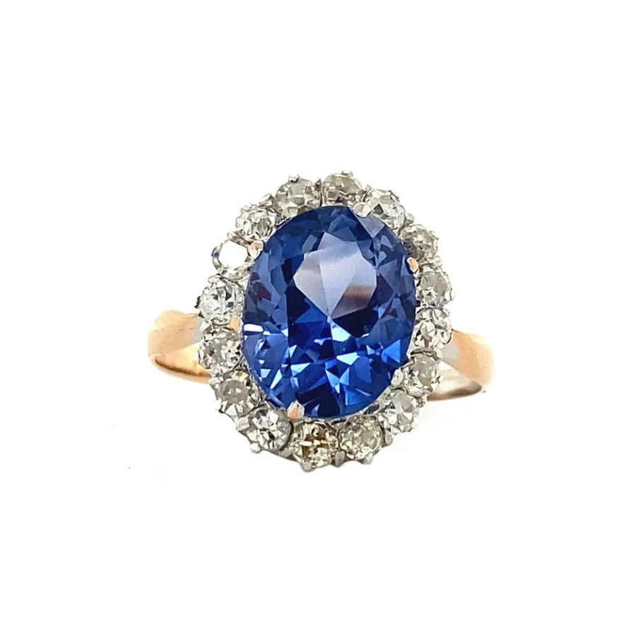Gold ring with sapphire and diamond 20 krt/925>Vintage Jewellery New