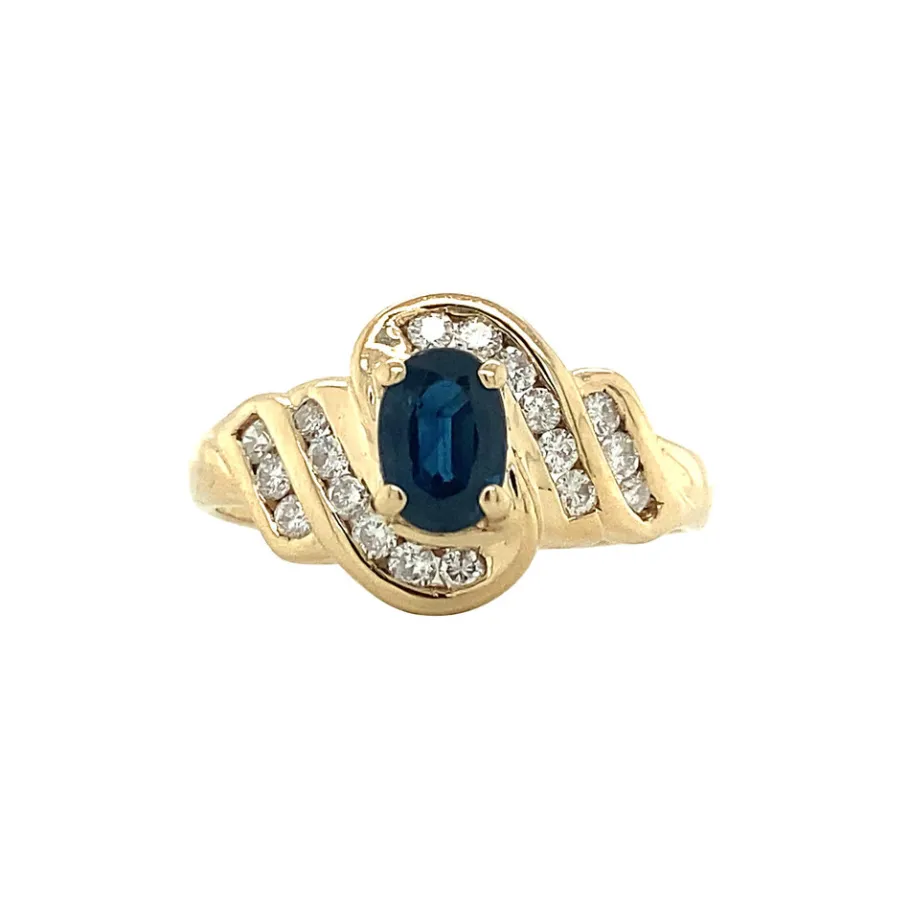Gold ring with sapphire and diamond 14 krt>Vintage Jewellery Hot