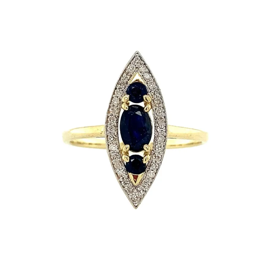 Gold ring with sapphire and diamond 14 krt>Vintage Jewellery Best
