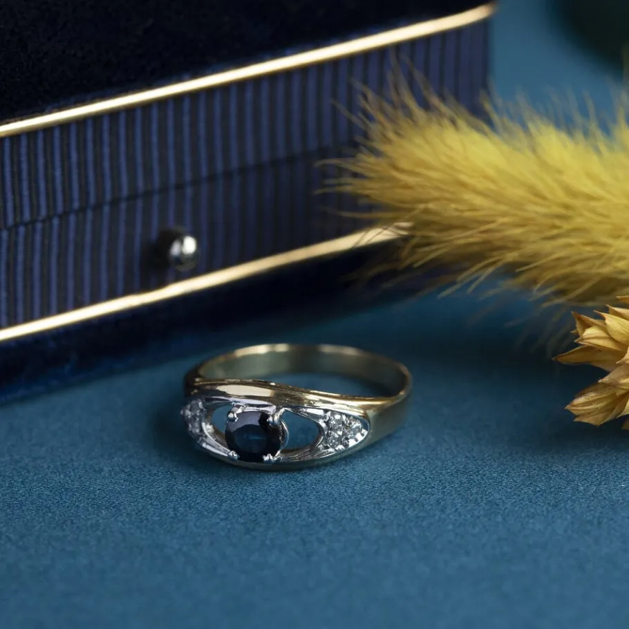 Gold ring with sapphire and diamond 18 krt>Vintage Jewellery Hot