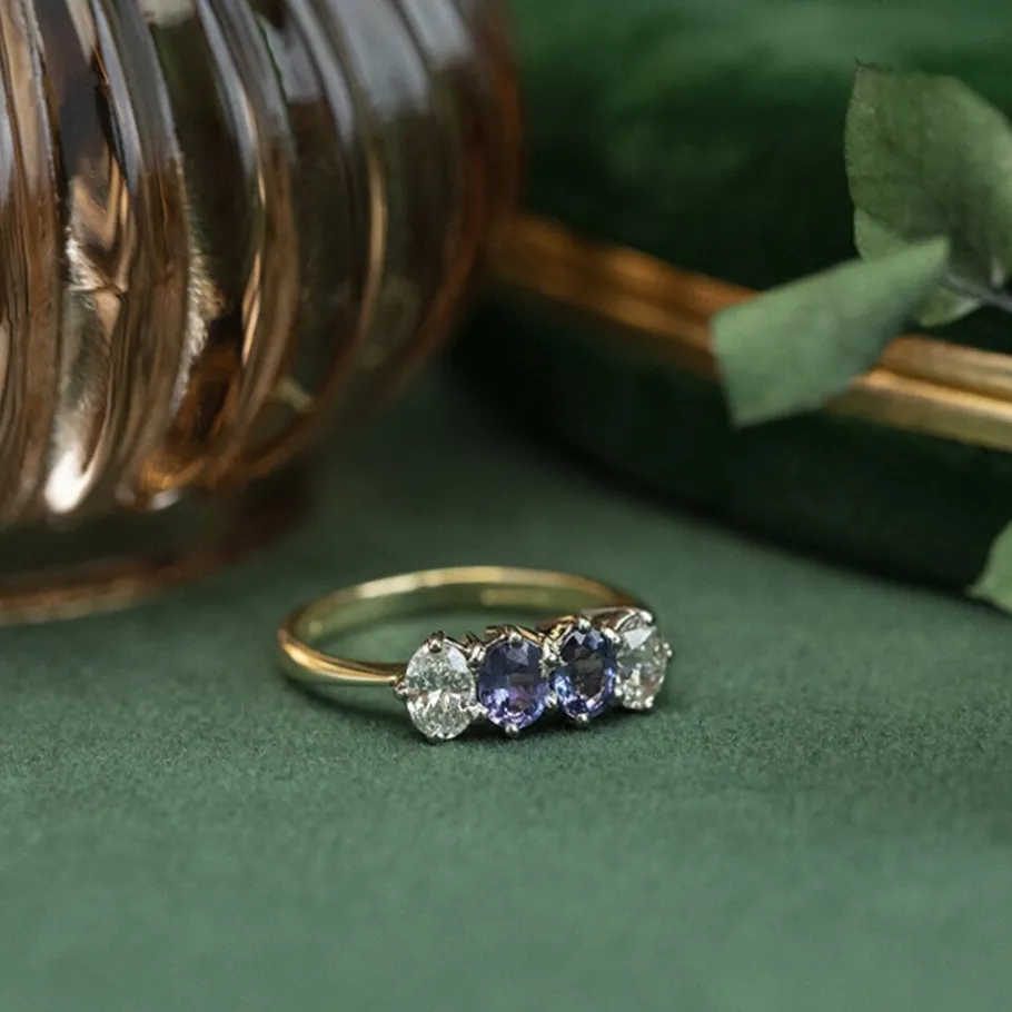Gold ring with sapphire and diamond 18 krt>Vintage Jewellery Discount