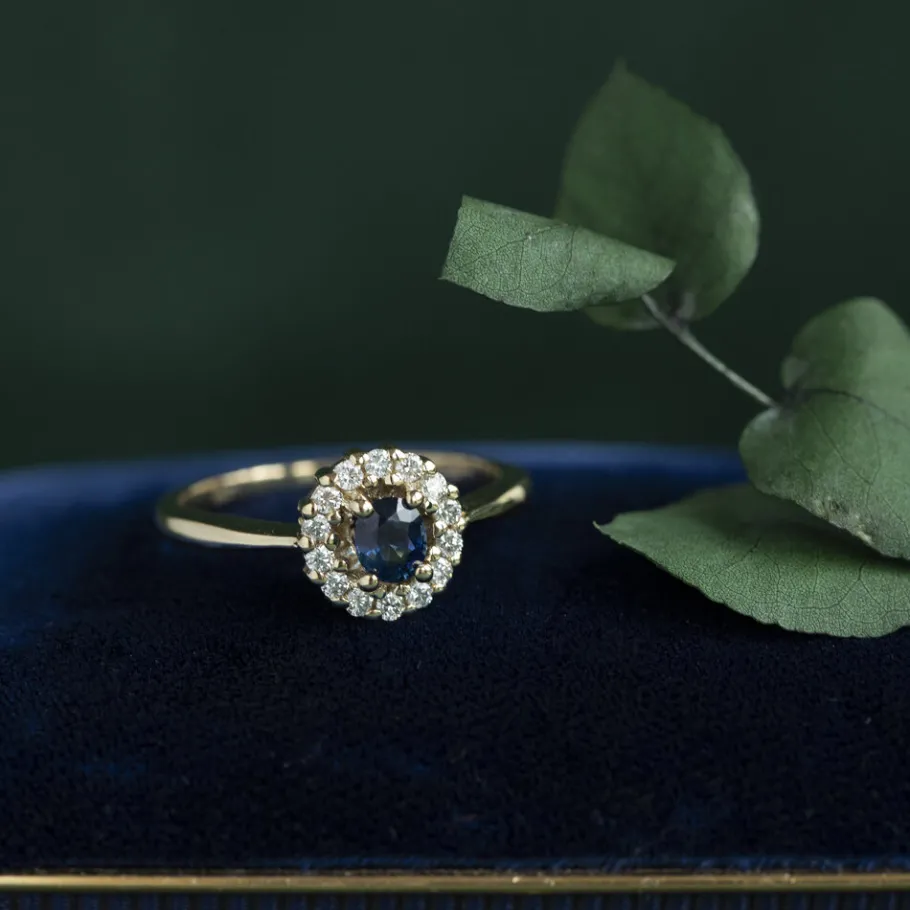 Gold ring with sapphire and diamond 14 krt>Vintage Jewellery New