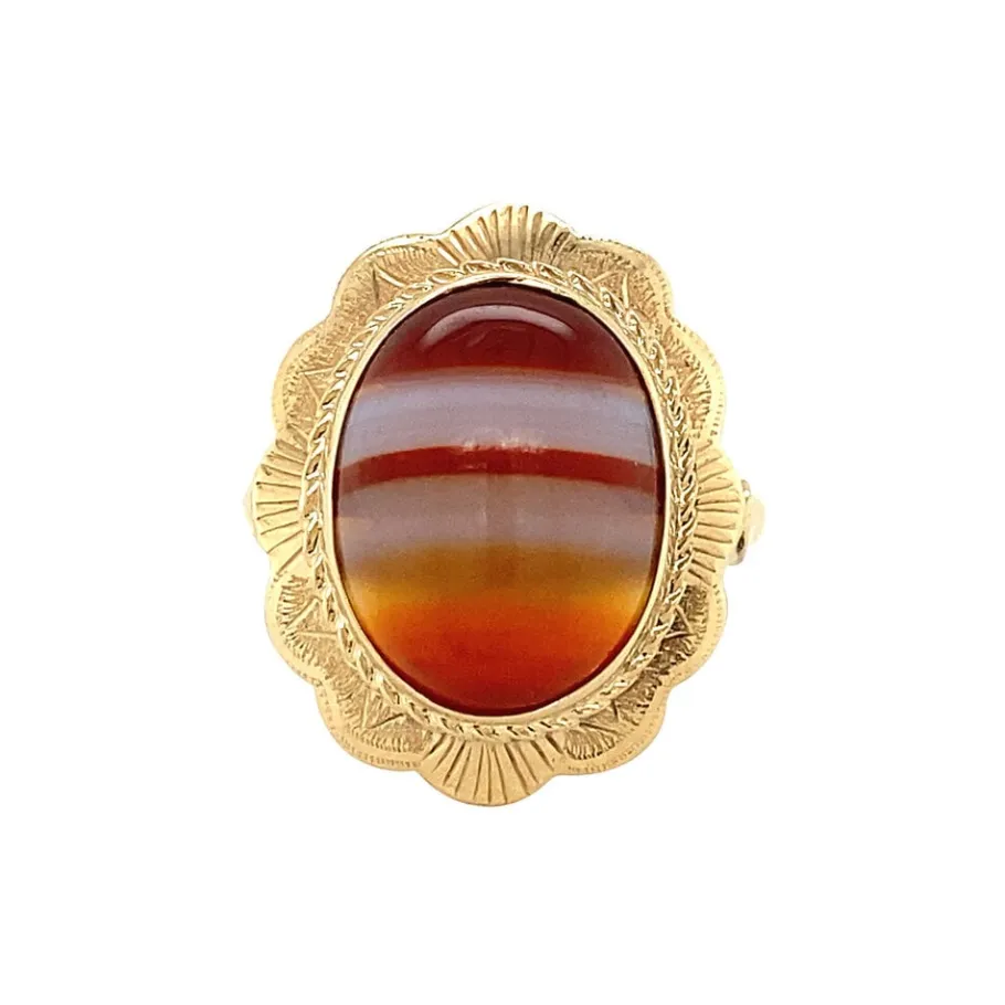 Gold ring with stripe agate 14 krt>Vintage Jewellery Outlet