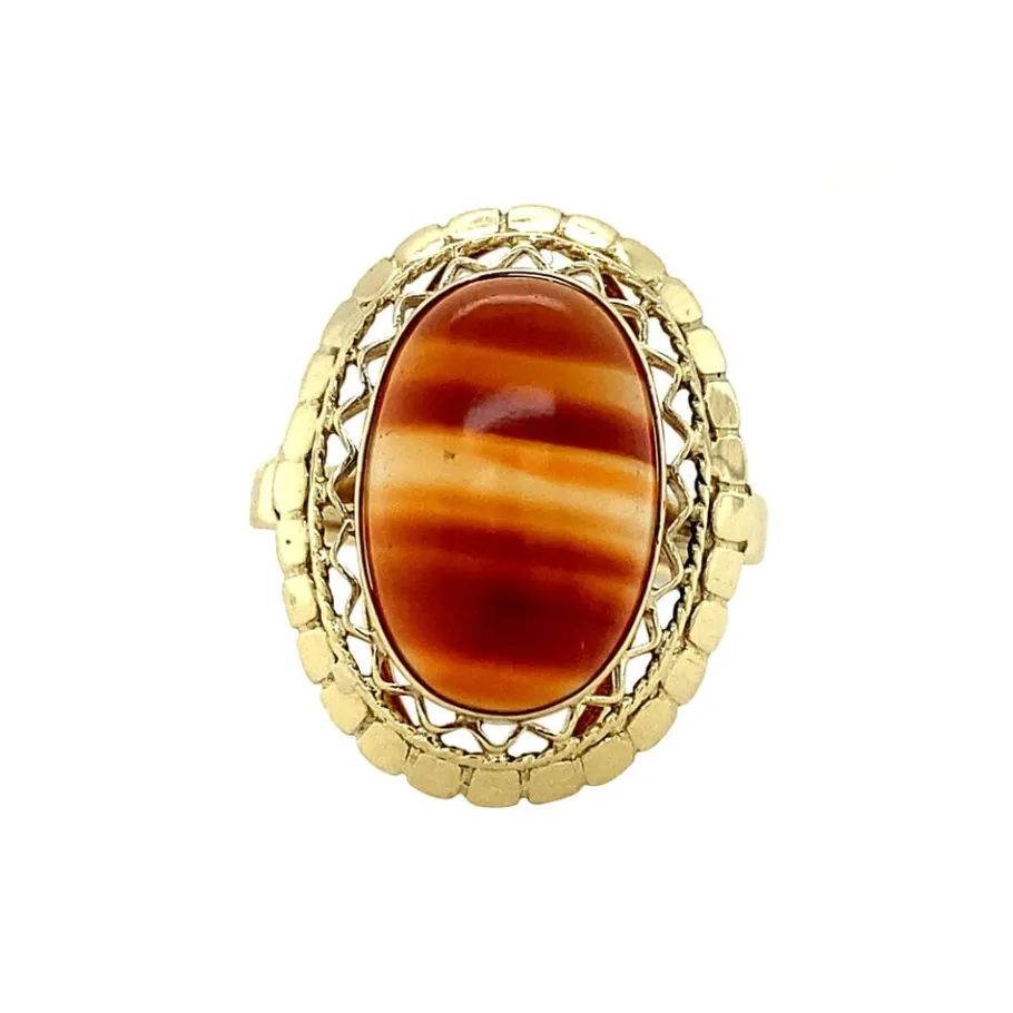 Gold ring with stripe agate 14 krt>Vintage Jewellery Best