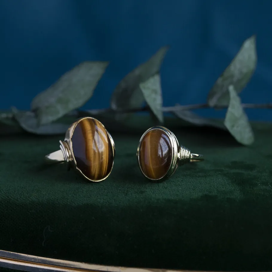 Gold ring with tiger eye 14 krt>Vintage Jewellery Online