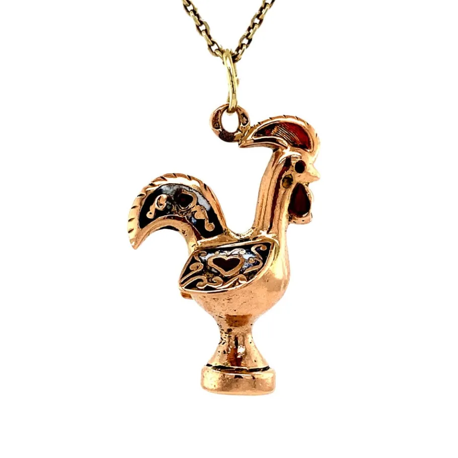 Gold rooster pendant with enamel 18 krt>Vintage Jewellery Online