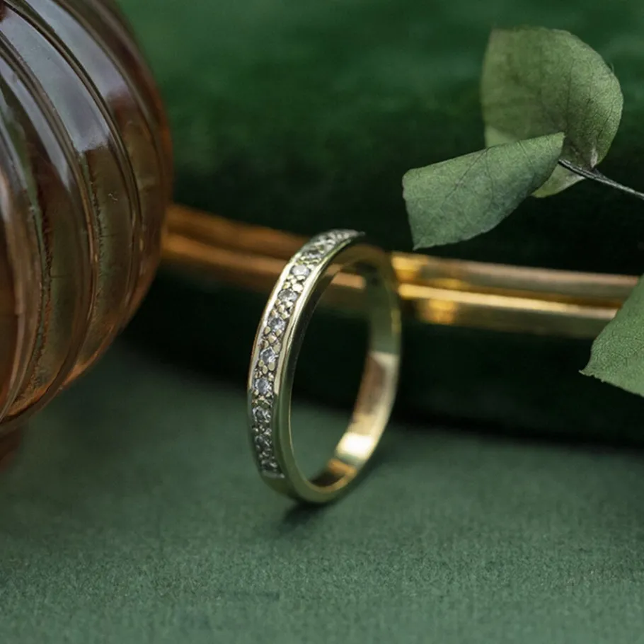 Gold row ring with diamonds 14 krt>Vintage Jewellery Online