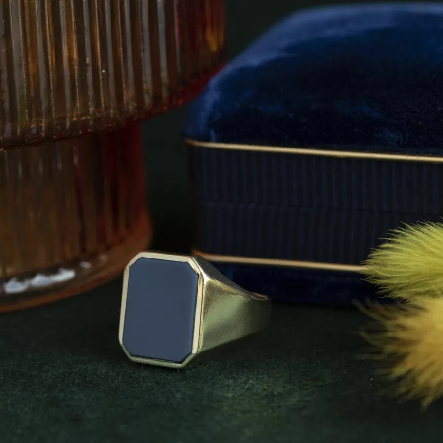 Gold signet ring with blue layer stone 14 krt>Vintage Jewellery Discount