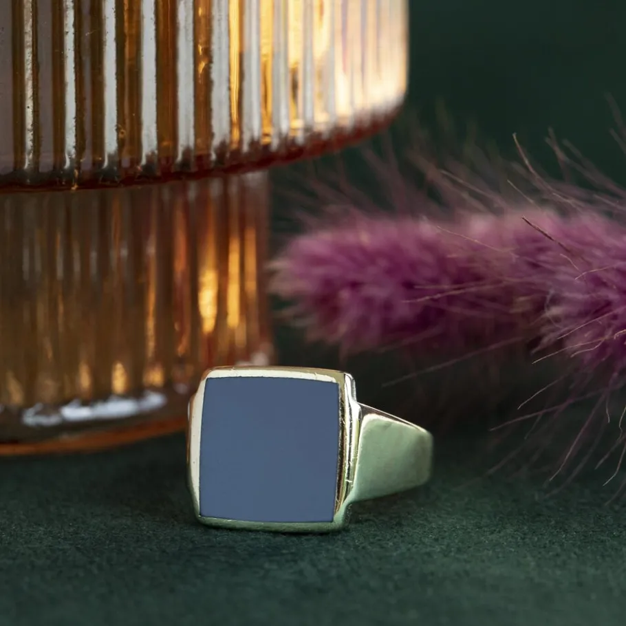 Gold signet ring with blue layer stone 14 krt>Vintage Jewellery Hot