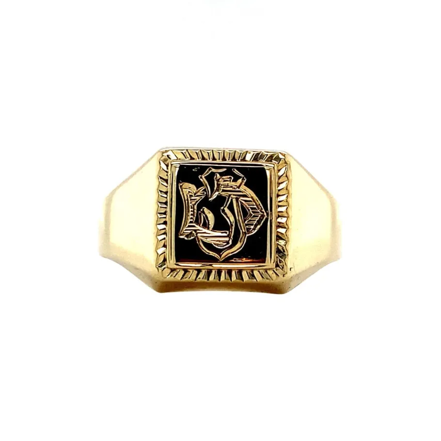 Gold signet ring with engraving 14 krt>Vintage Jewellery Clearance