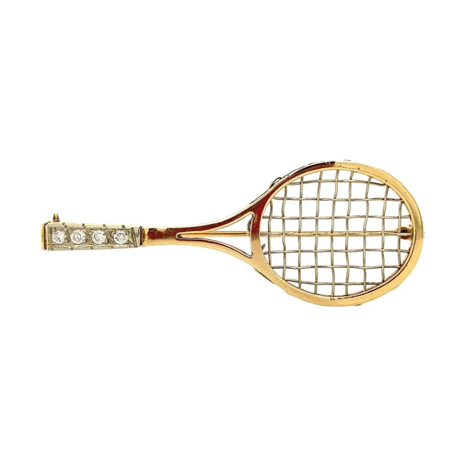 Gold tennis racket brooch with diamonds 14 krt>Vintage Jewellery Online
