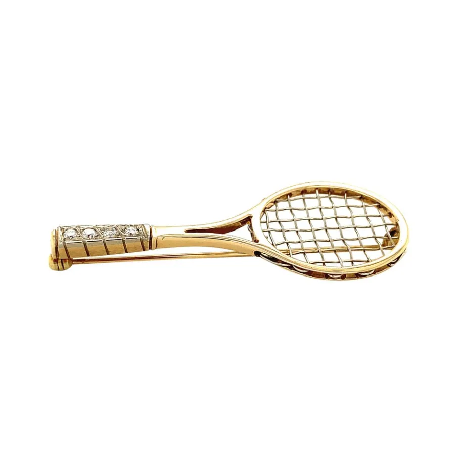 gold_tennis_racket_brooch_2.webp Gold tennis racket brooch with diamonds 14 krt>Vintage Jewellery Online