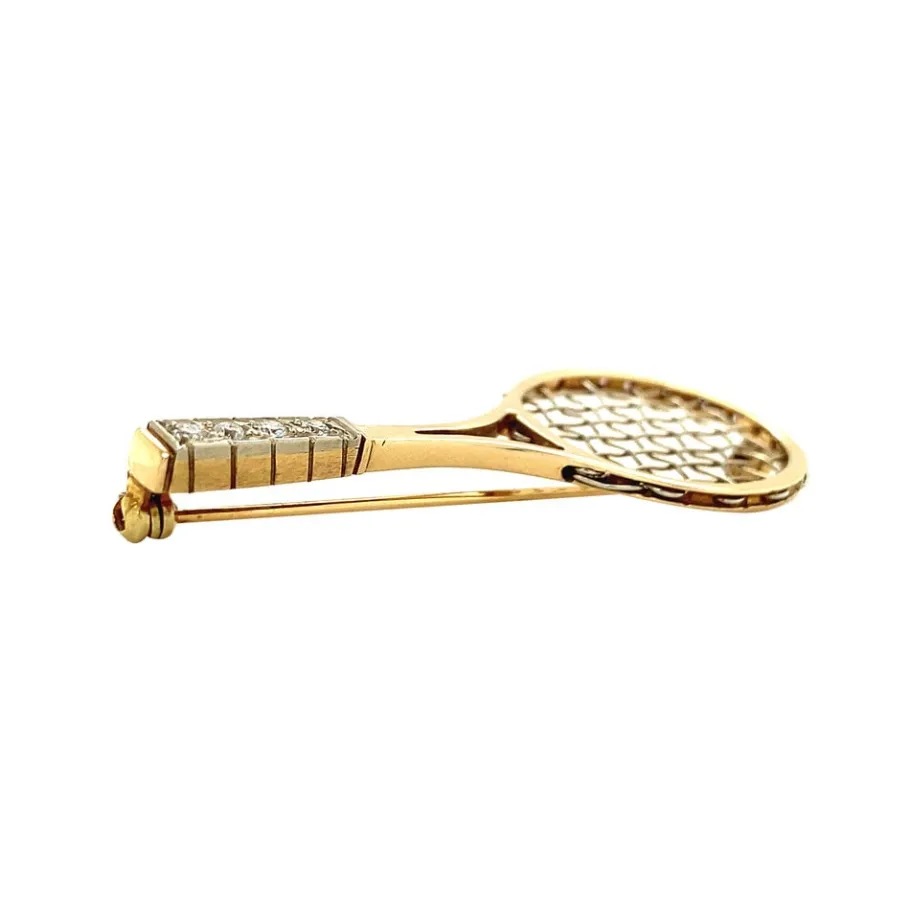 gold_tennis_racket_brooch_3.webp Gold tennis racket brooch with diamonds 14 krt>Vintage Jewellery Online