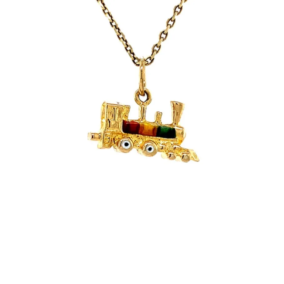 Gold train pendant with enamel 14 krt>Vintage Jewellery New