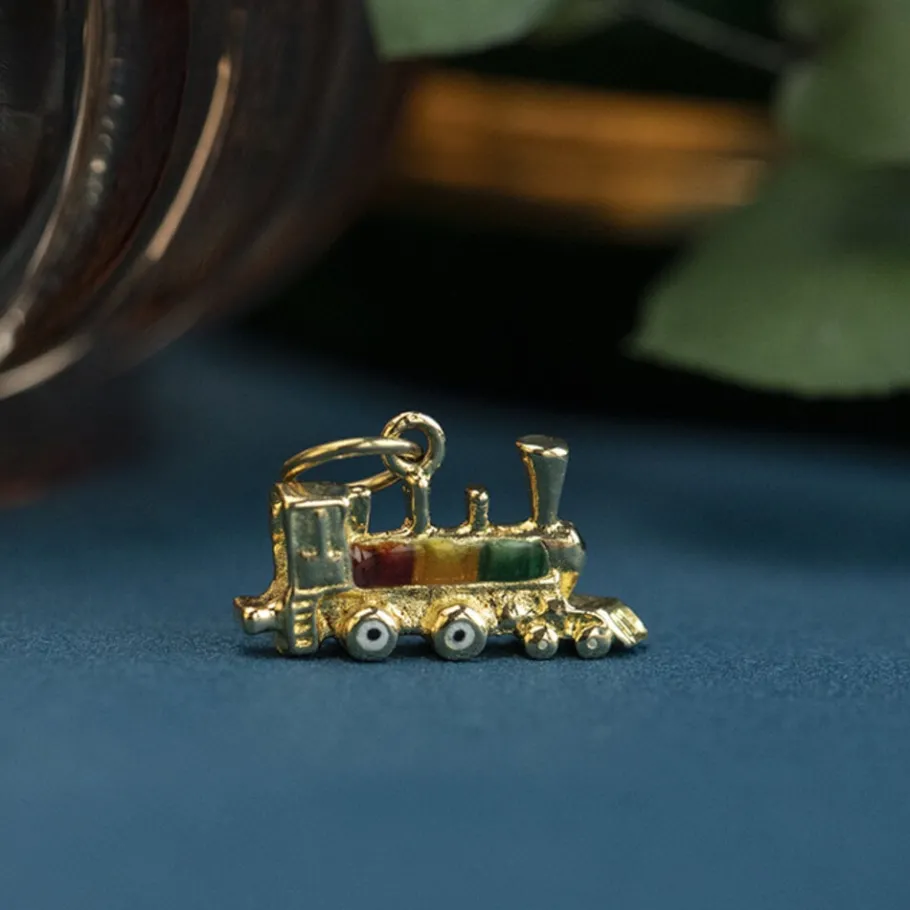Gold train pendant with enamel 14 krt>Vintage Jewellery New