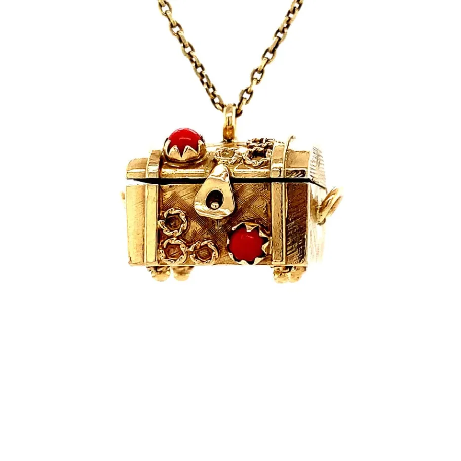 Gold treasure chest pendant with blood coral 14 krt>Vintage Jewellery Best