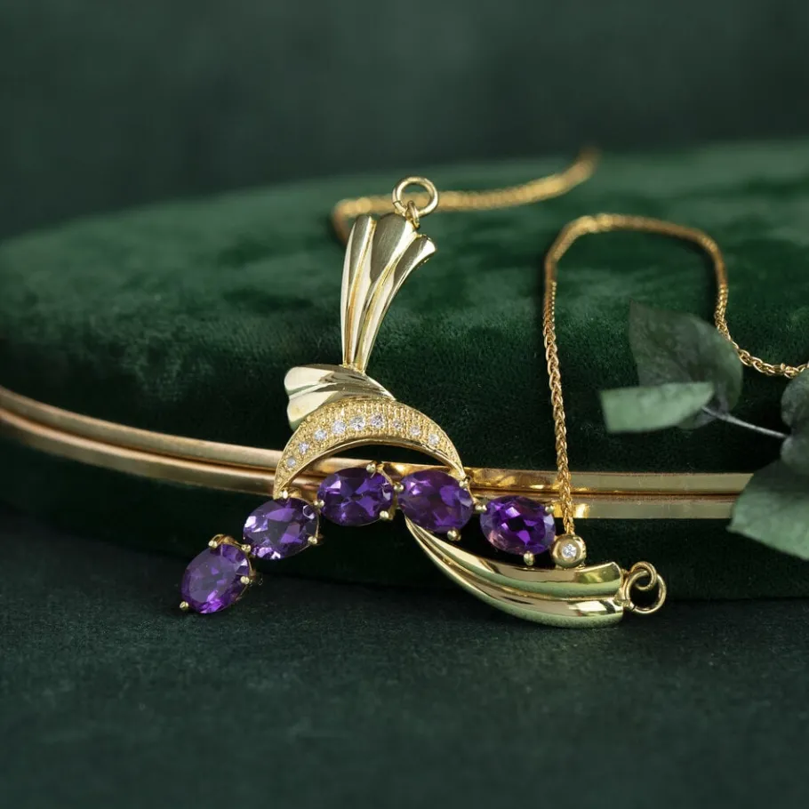 Necklace with diamond and amethyst pendant 12 krt>Vintage Jewellery Online