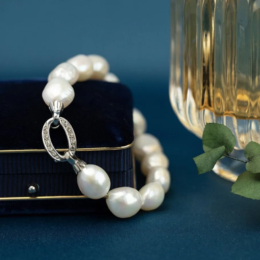 Pearl bracelet with white gold diamond clasp 14 krt>Vintage Jewellery Sale