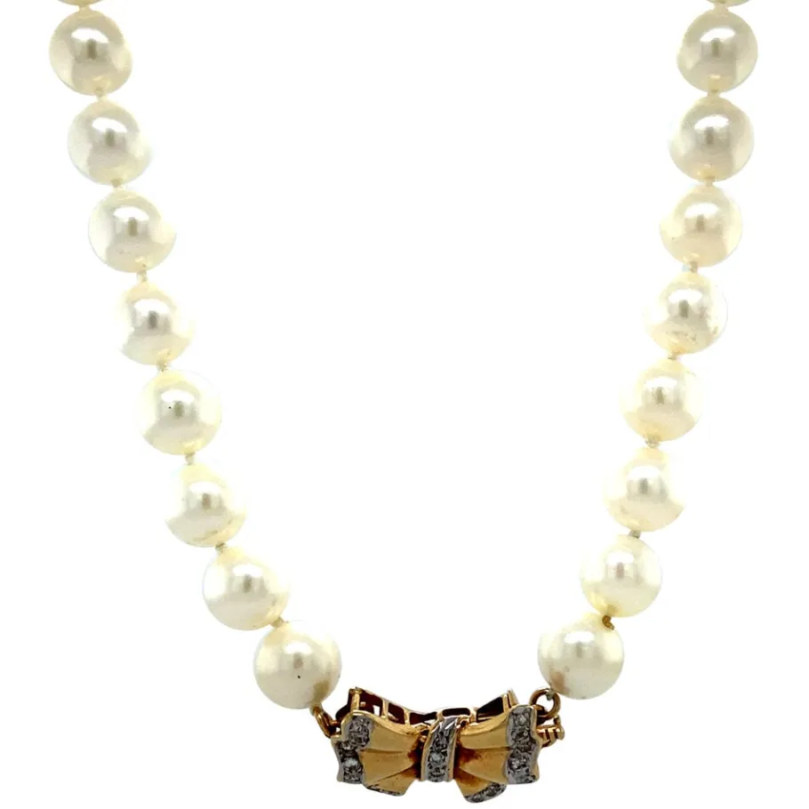 Pearl necklace with gold bow clasp 14 krt>Vintage Jewellery Sale