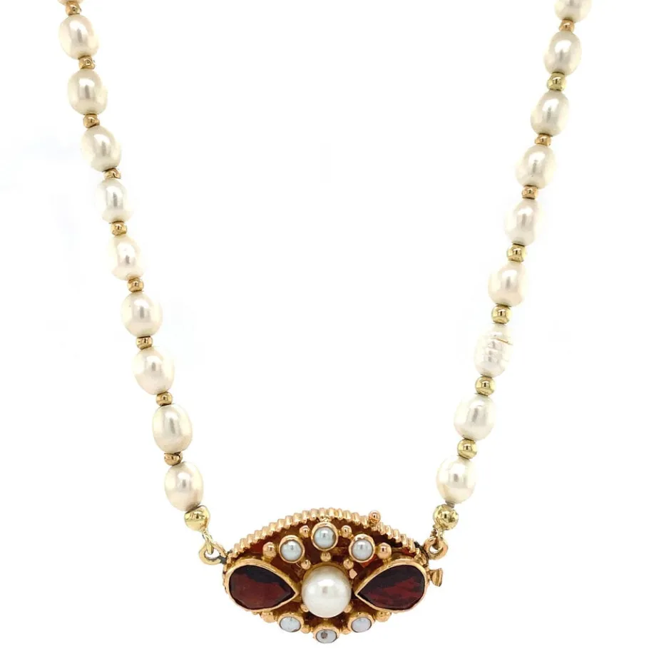 Pearl necklace with gold garnet clasp 14 krt>Vintage Jewellery New