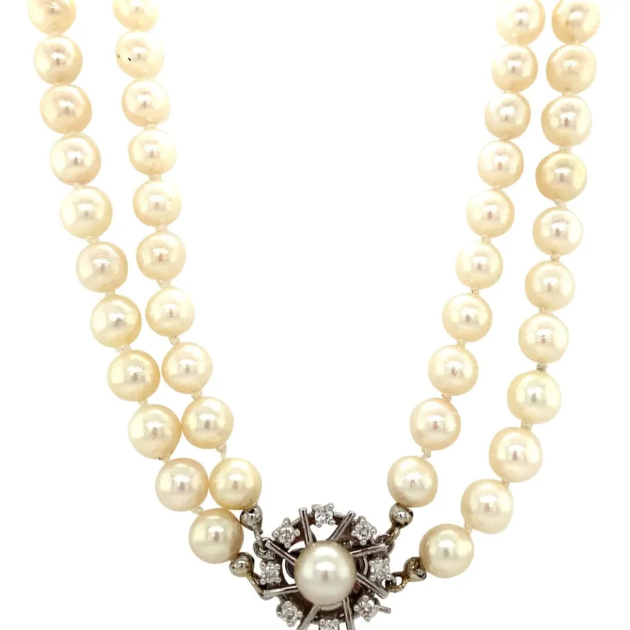 Pearl necklace with white gold diamond clasp 14 krt>Vintage Jewellery New