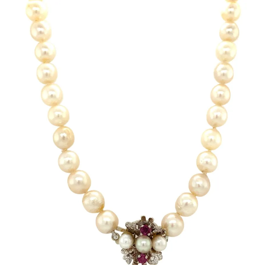 Pearl necklace with white gold clasp with ruby 14 krt>Vintage Jewellery Fashion