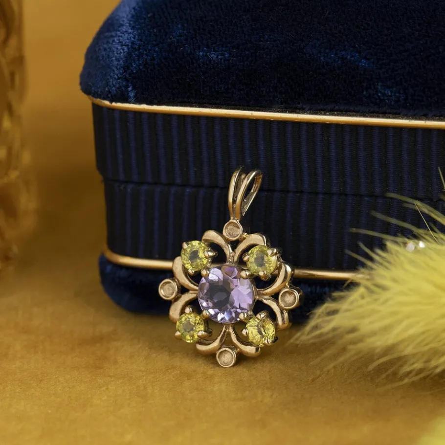 Pendant with amethyst and sapphire 9 krt>Vintage Jewellery Fashion
