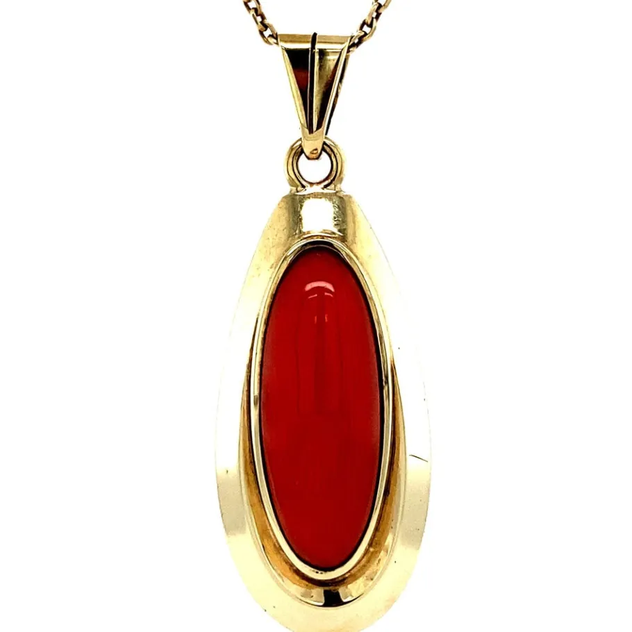 Pendant with blood coral 8 krt>Vintage Jewellery New