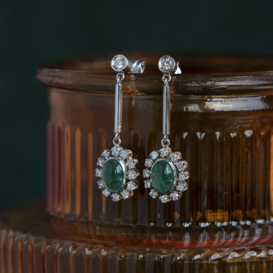 Platinum earrings with emerald and diamond 950>Vintage Jewellery Hot