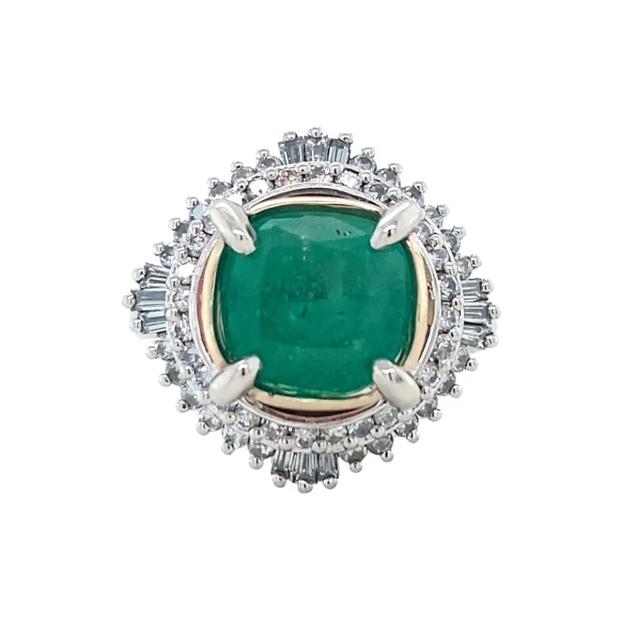 Platinum ring with emerald and diamond 950/14 krt>Vintage Jewellery Clearance