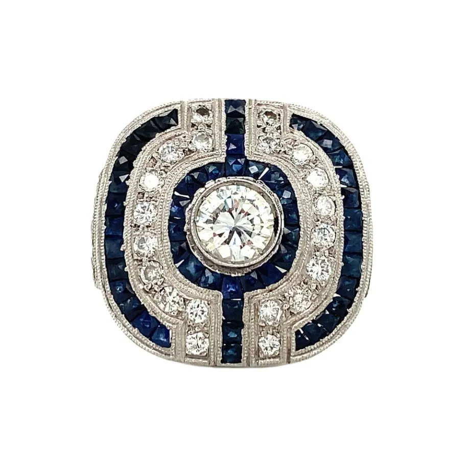 Platinum ring with sapphire and diamond 950>Vintage Jewellery Sale