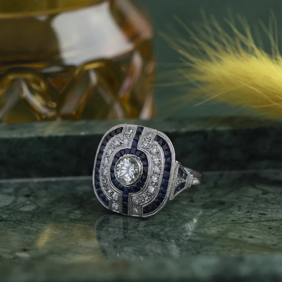 Platinum ring with sapphire and diamond 950>Vintage Jewellery Sale