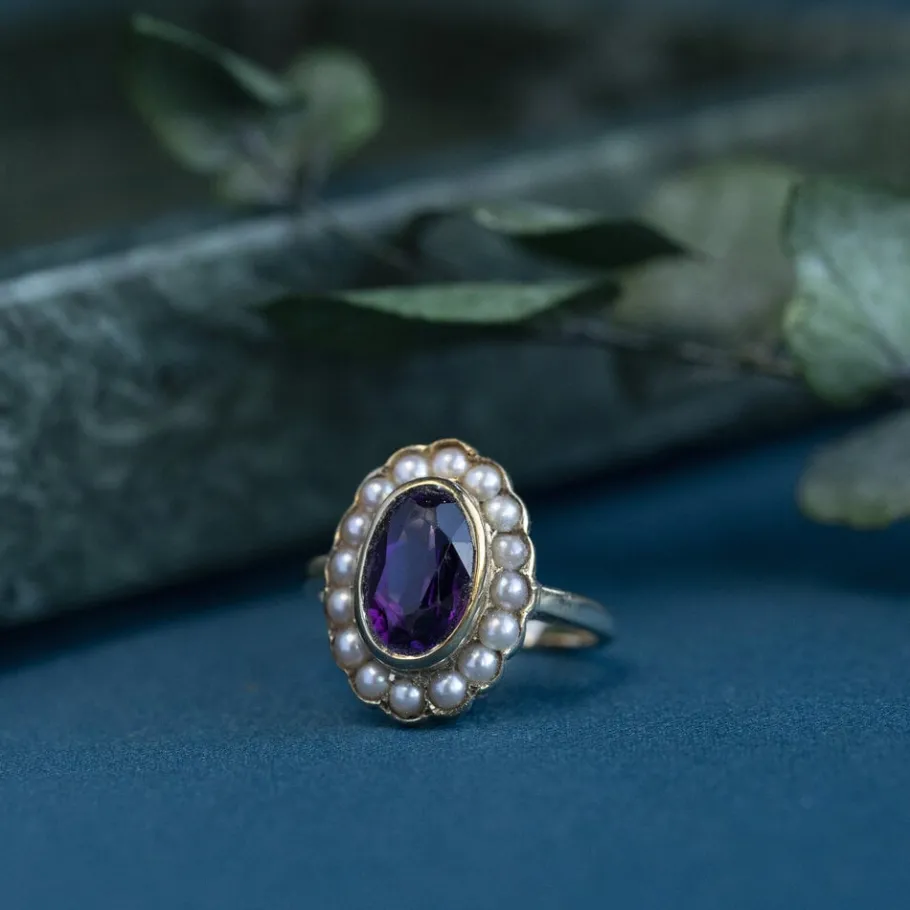 Ring with amethyst and pearl 9 krt>Vintage Jewellery Hot