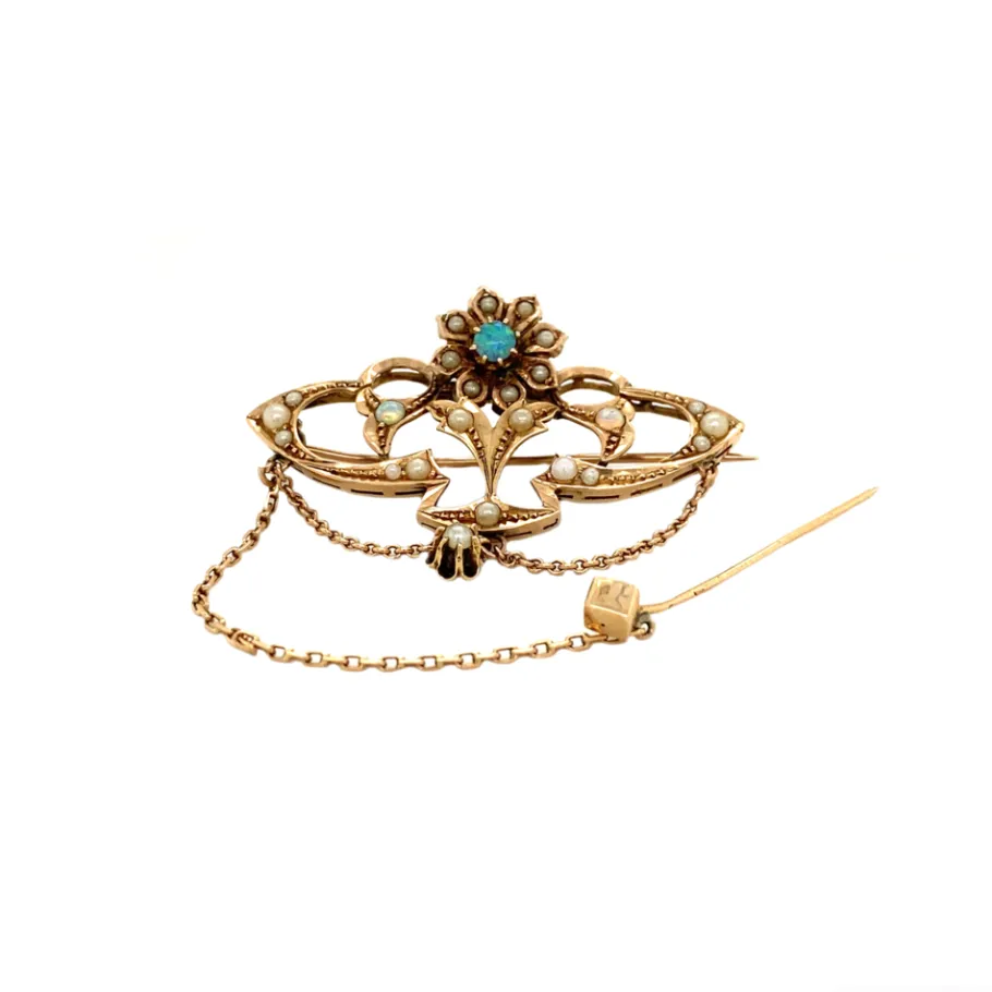Rose gold brooch with pearl and opal 14 krt>Vintage Jewellery Sale