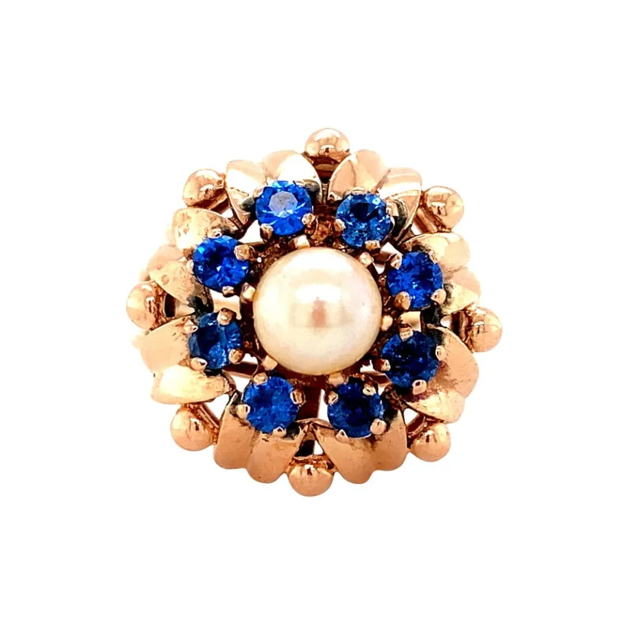 Rose gold ring with pearl and blue spinel 14 krt>Vintage Jewellery Online