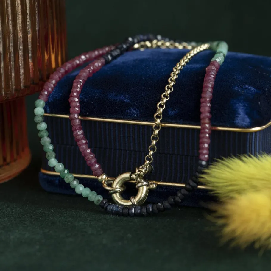 Ruby, emerald and sapphire necklace 14 krt>Vintage Jewellery Clearance
