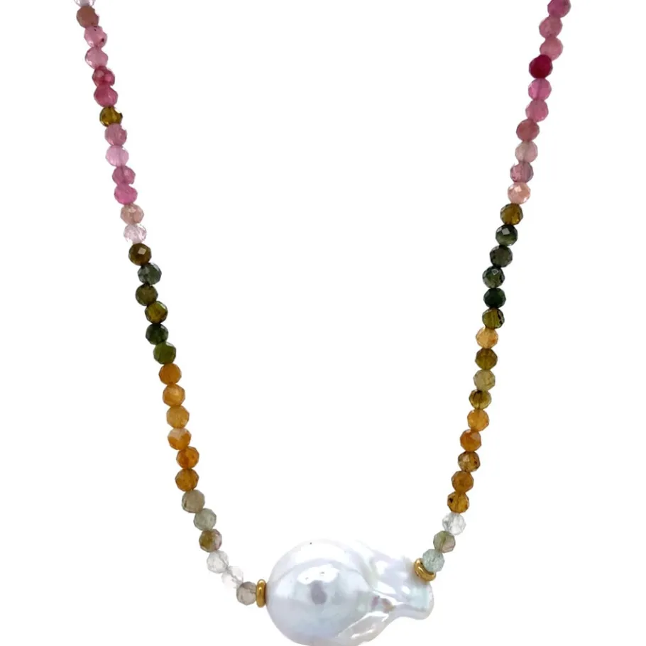Tourmaline necklace with pearl 14 krt>Vintage Jewellery Clearance