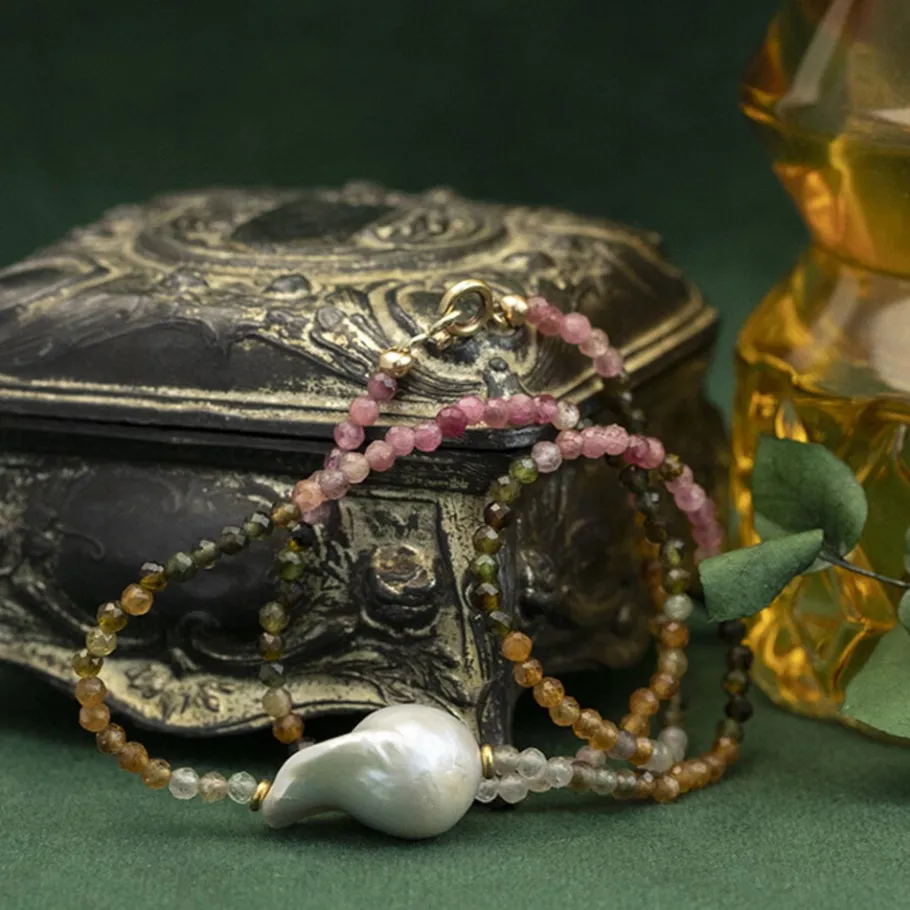 Tourmaline necklace with pearl 14 krt>Vintage Jewellery Clearance