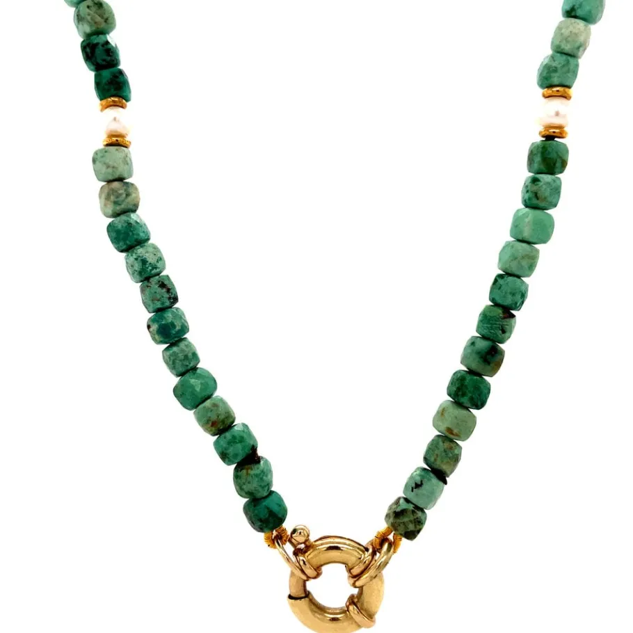 Turquoise necklace with pearl and gold clasp 14 krt>Vintage Jewellery Hot