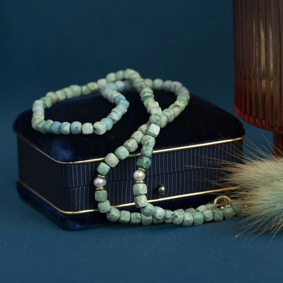 Turquoise necklace with pearl and gold clasp 14 krt>Vintage Jewellery Hot