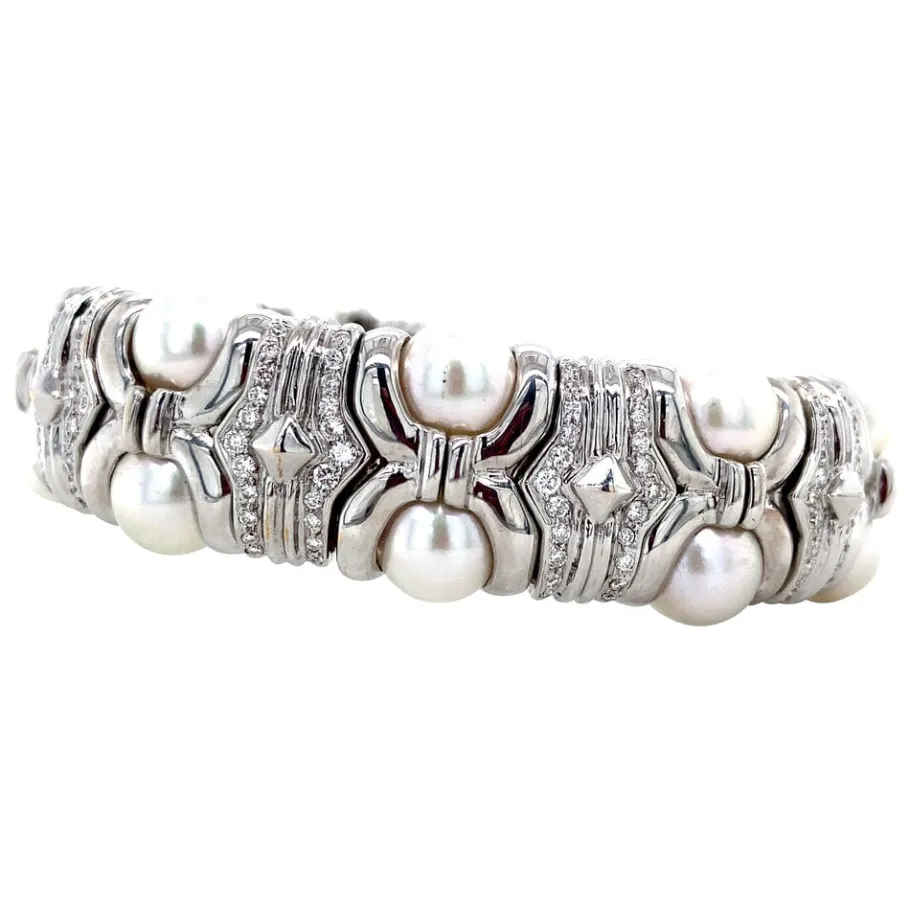 White gold bangle with pearl and diamond 18 krt>Vintage Jewellery Best
